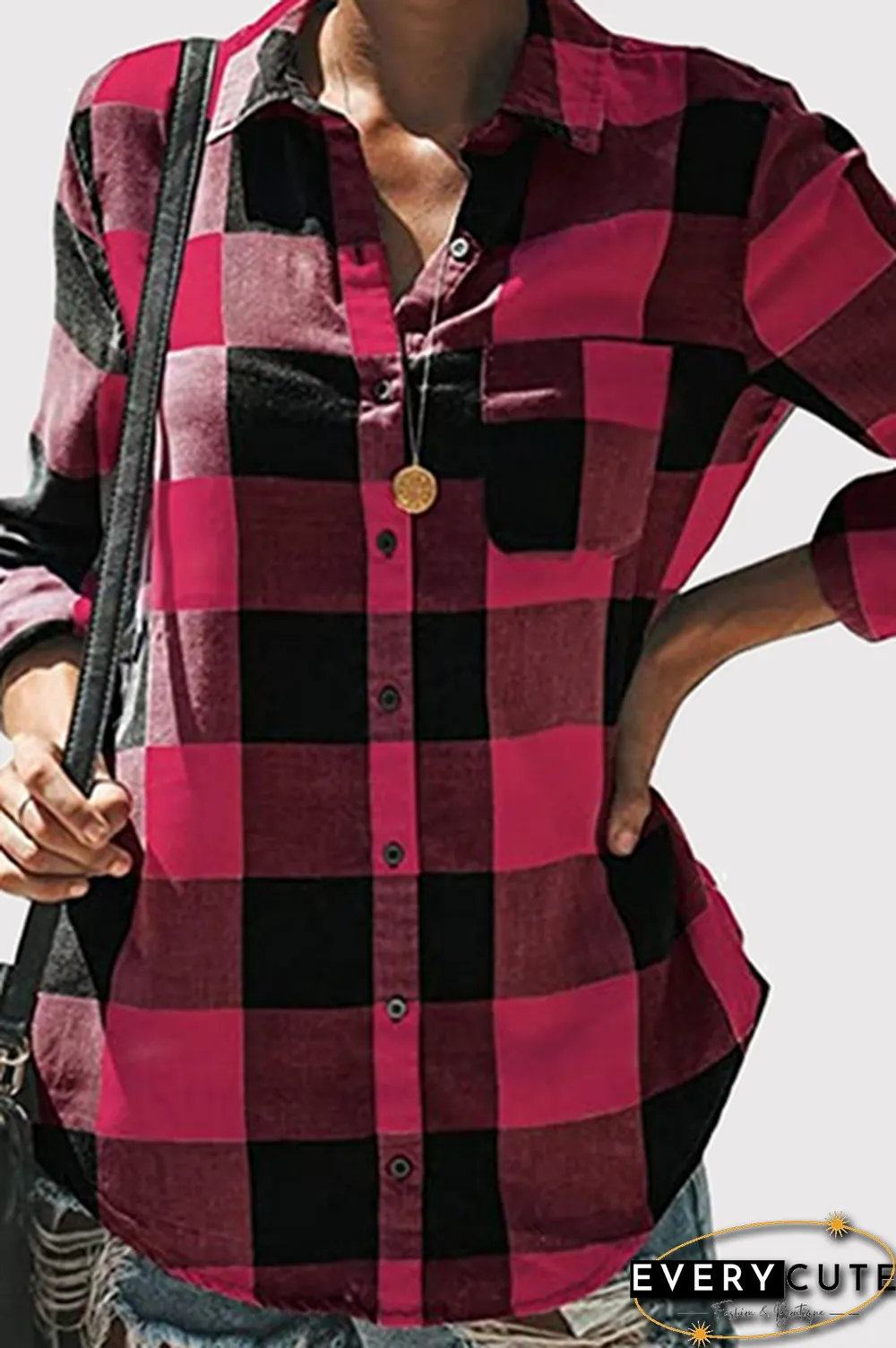 Casual Plaid Pocket Buckle Turndown Collar Tops