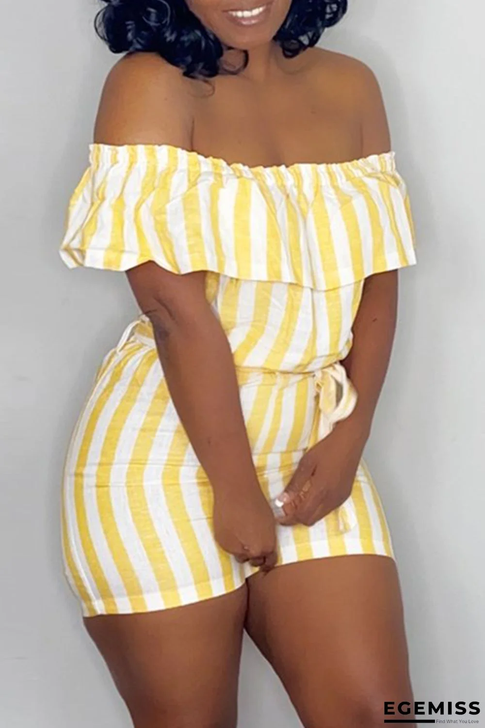 Yellow Fashion Casual Striped Print Backless Off the Shoulder Regular Romper | EGEMISS