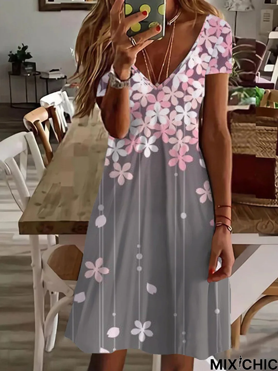 Casual Floral Short Sleeve V Neck Printed Dress