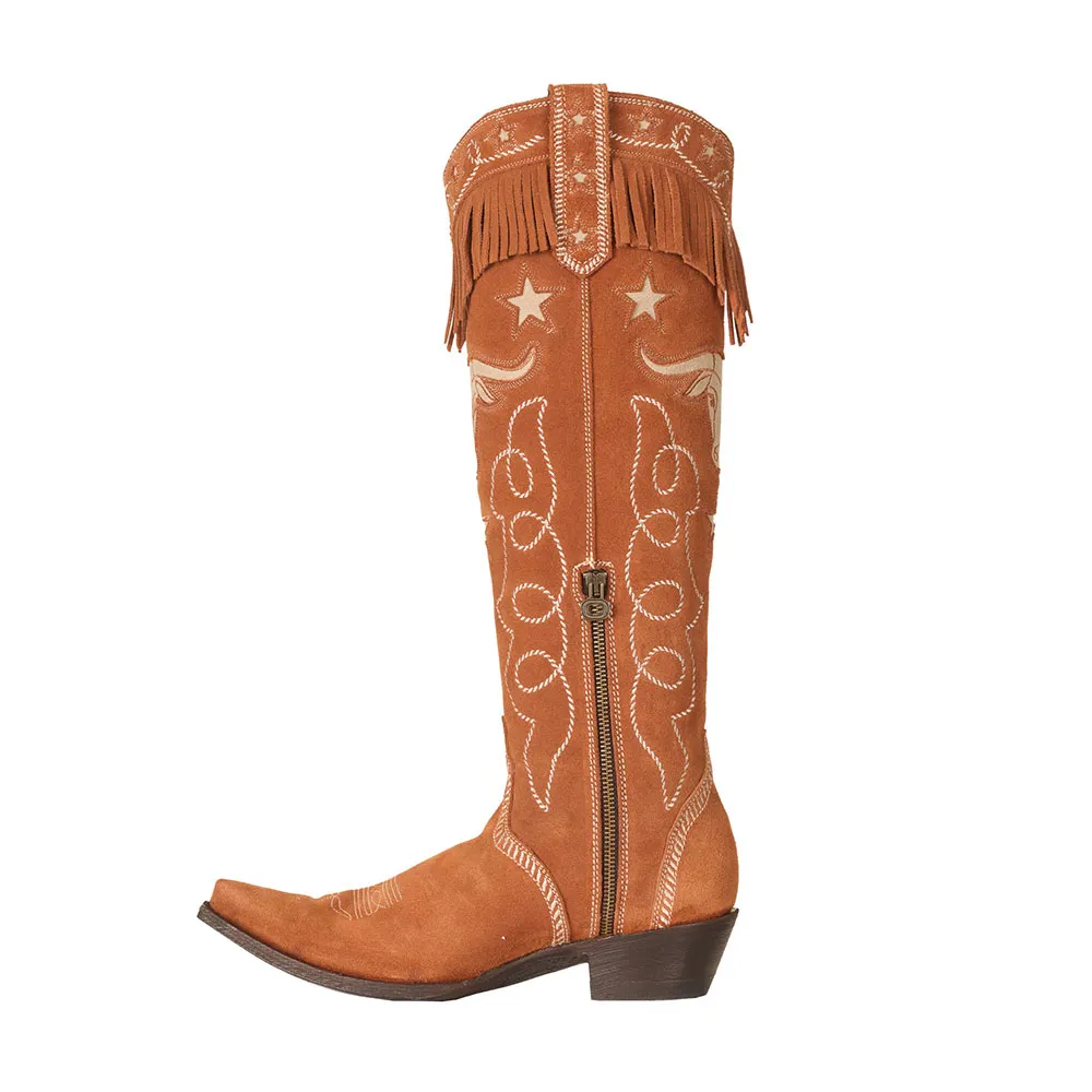 Women's Tan Cow & Star Inlay Embroidered Knee High Cowgirl Boots