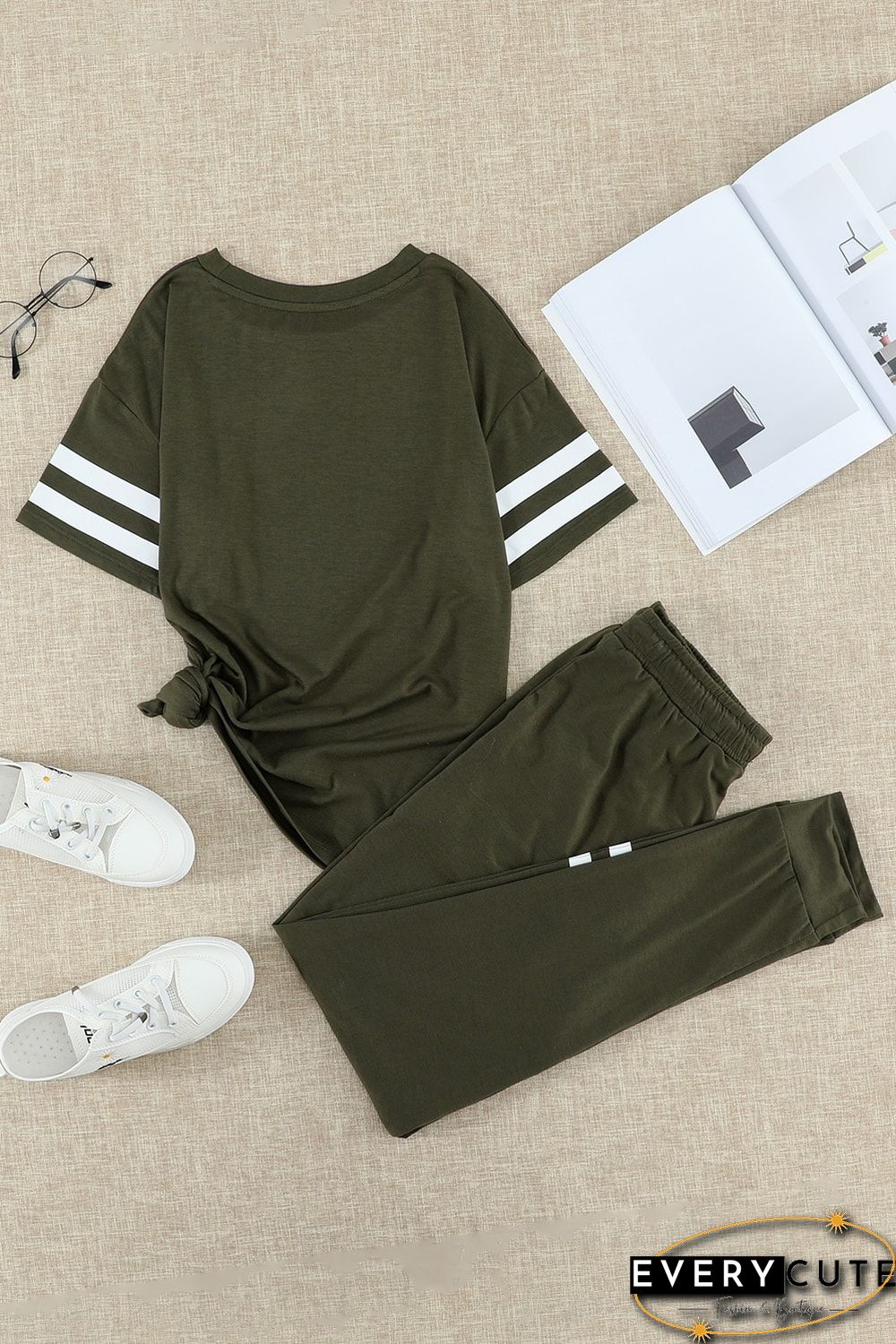 Green Striped Accent Short Sleeve and Joggers Set