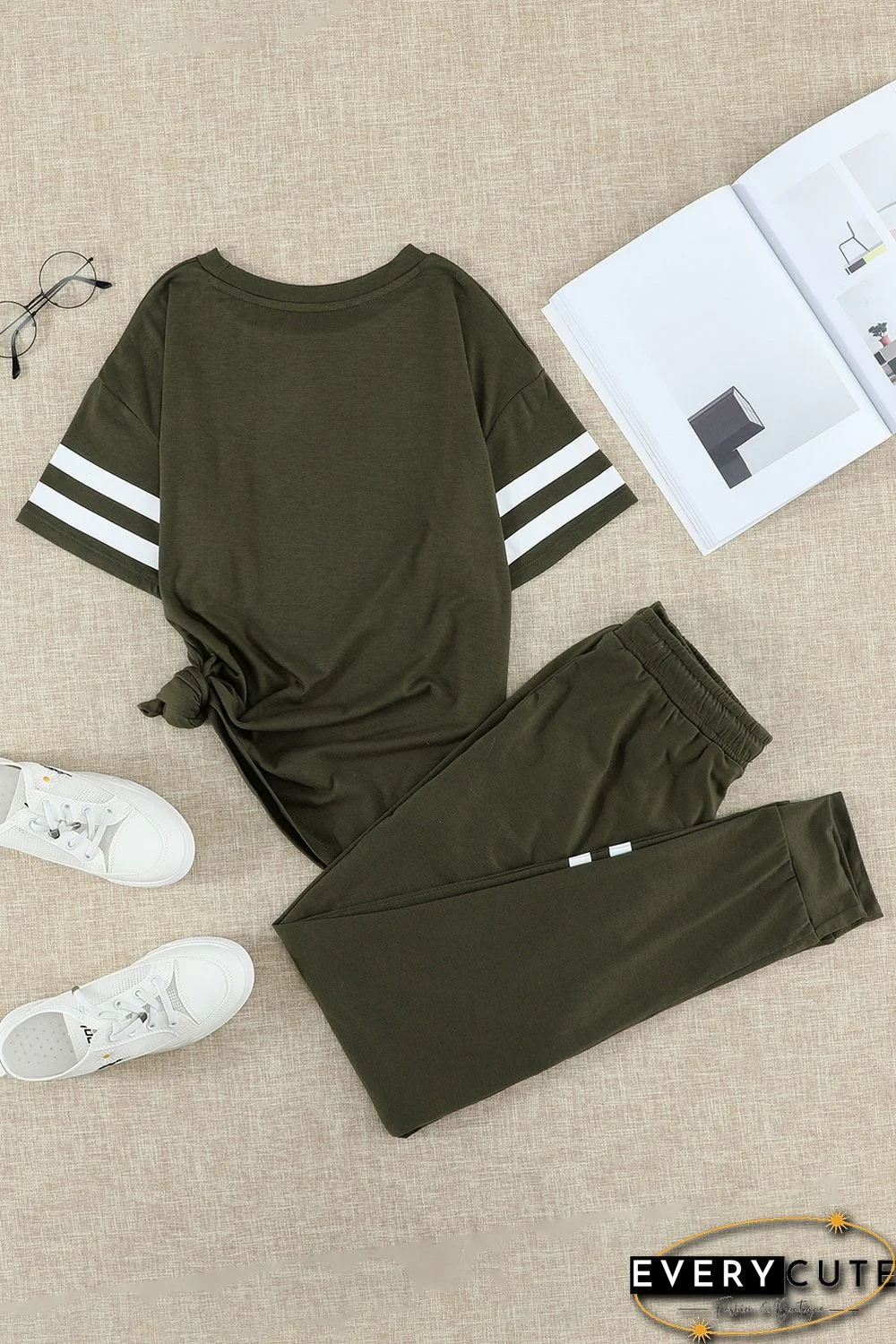 Green Striped Accent Short Sleeve and Joggers Set