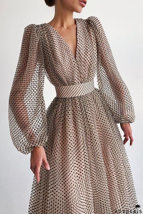 V Neck Puff Sleeve Maxi Dress