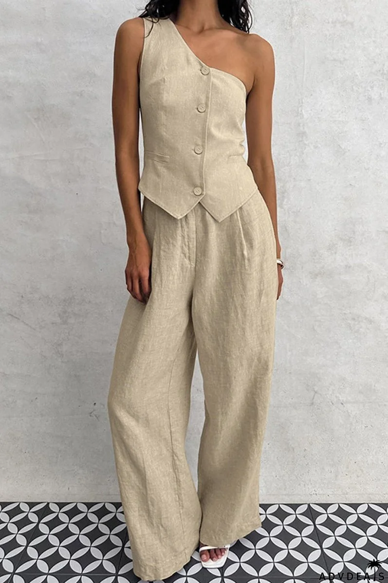 Casual Simplicity Solid Pocket Buttons Oblique Collar Sleeveless Two Pieces