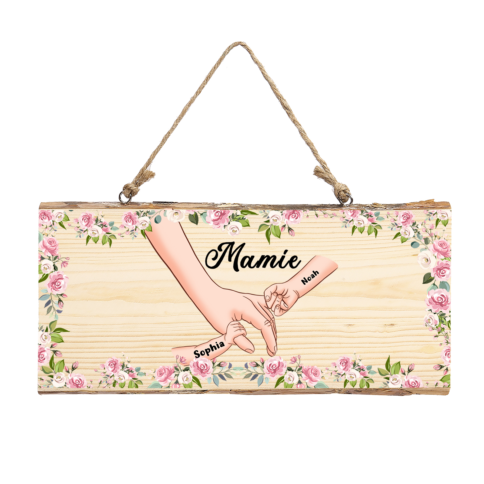 À ma Mamie - Décoration en bois la main dans la main 1-6 Prénoms Personnalisés pour Famille Peinture Décorative