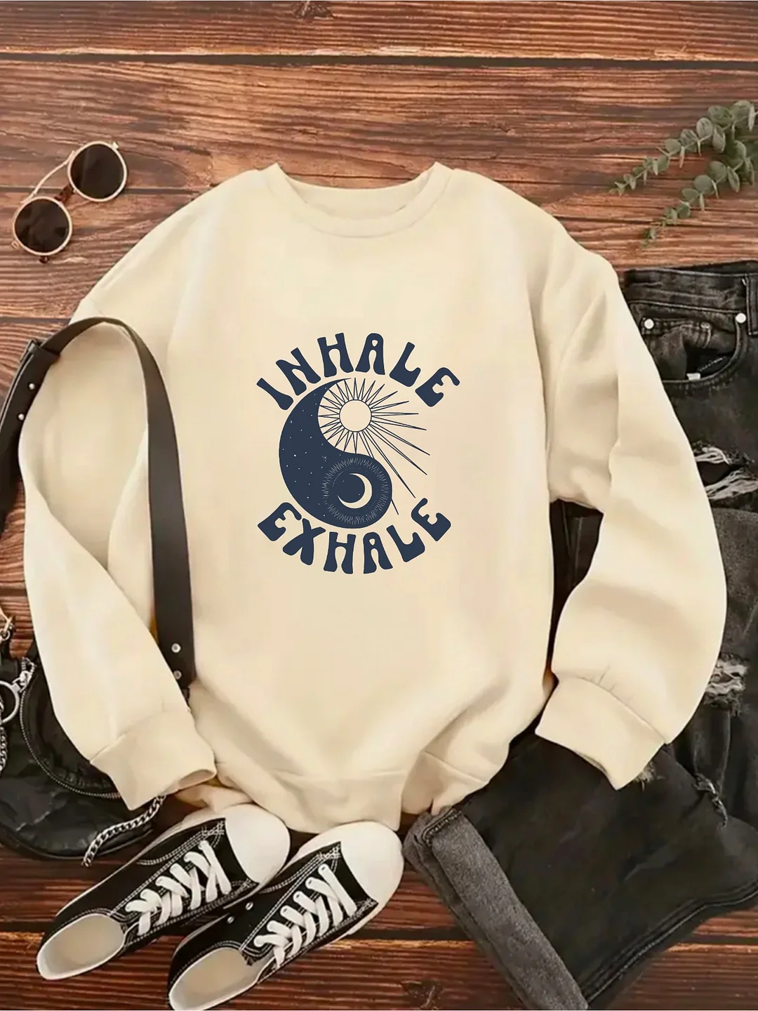 1pc Women's "Inhale Exhale" Yoga Graphic Sweatshirt - Soft Beige Pullover With Blue Yin Yang Design, Casual & Comfortable For Spring/Summer, Easy Care, Perfect For Vacation Or Leisure Wear, Vacation Clothing | Relaxed Fit Sweatshirt | | IFYHOME