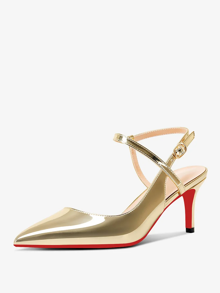 65mm Women Slingback Pumps Ankle Strap Jenlove Stiletto Mid Heel Close Pointed Toe Dress Red Soles Shoes