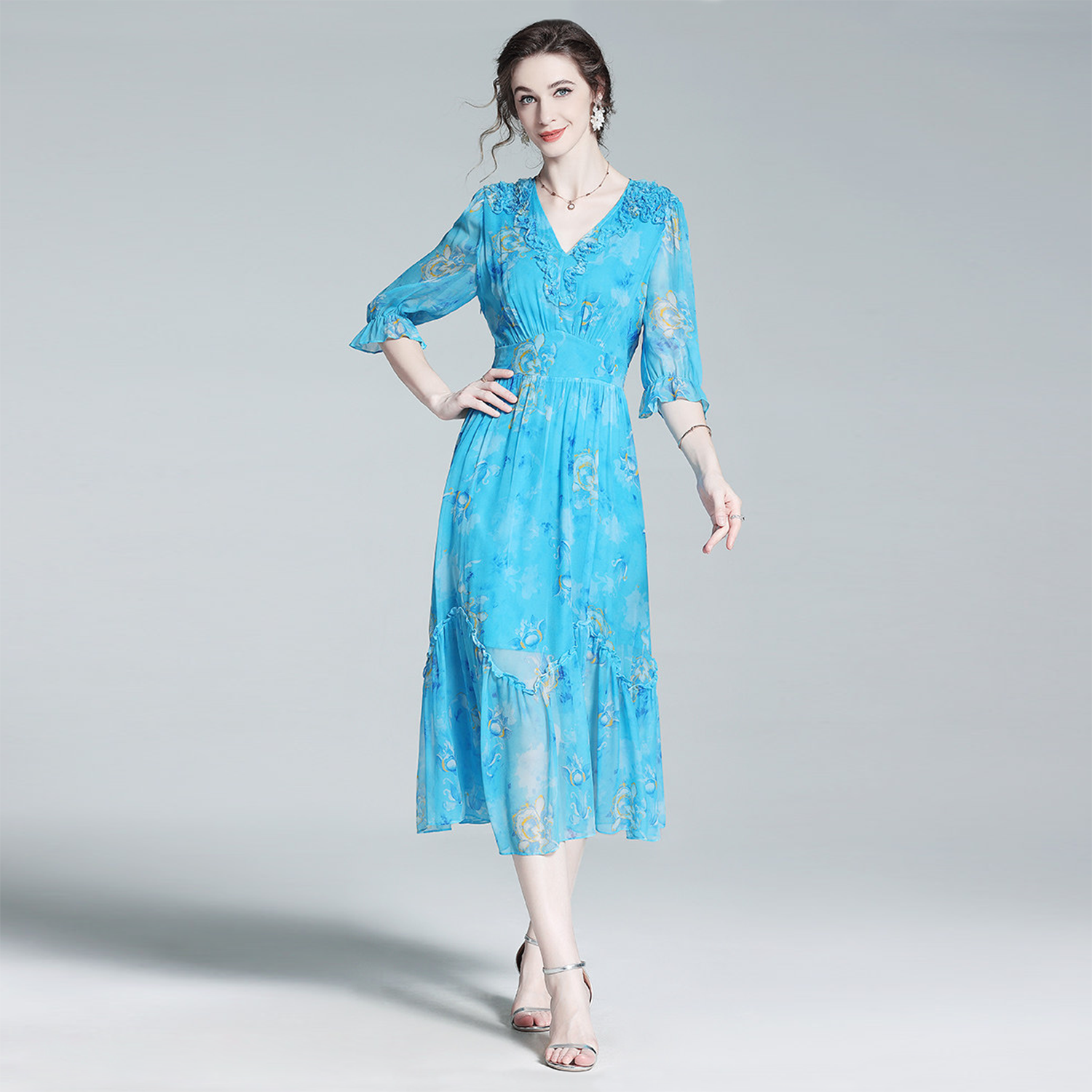 Silk Dress Ruffled V‑Neck for Beach REAL SILK LIFE
