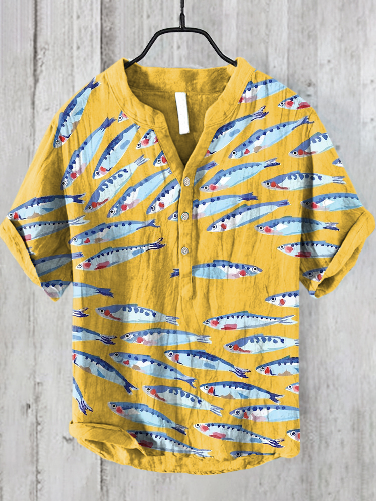 Japanese Cute Sardine Art Linen Blend Shirt