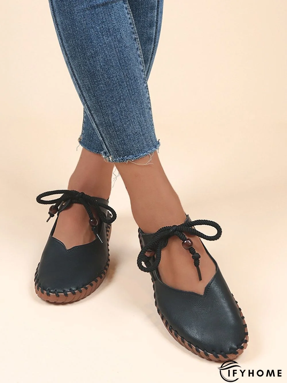 Simple Beading Lace-Up Flat Mary Jane Shoes | IFYHOME