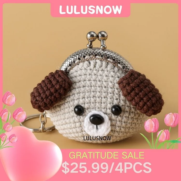 Lulusnow Handmade Grey Dog ANIMAL CARTOON Small Money Pouch Crochet Coin Purse Keychain Bag Pendant Gift for Her/Friend/Kids/Christmas/Easter