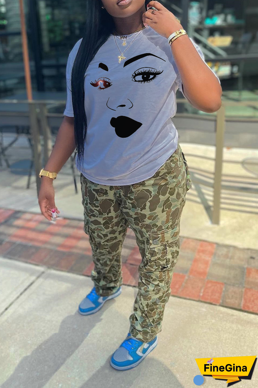 Navy Blue Casual Street Print Patchwork O Neck T-Shirts