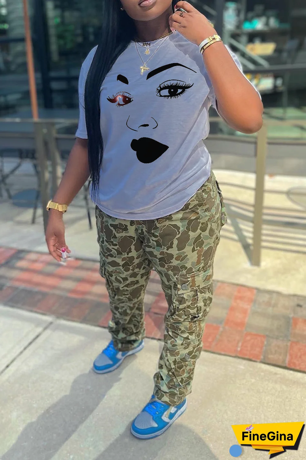 Navy Blue Casual Street Print Patchwork O Neck T-Shirts