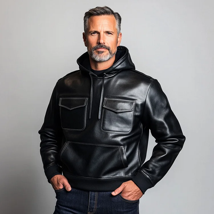 Men's PU Leather Casual Outdoor Hoodie-inspireuse