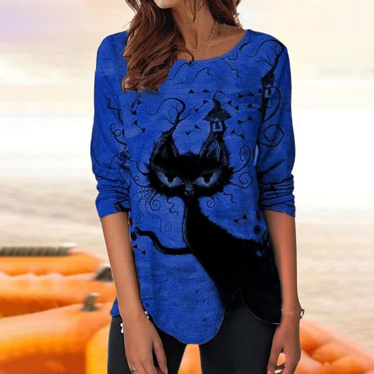 Vefave Halloween Cat Print Long Sleeve Casual T-Shirt