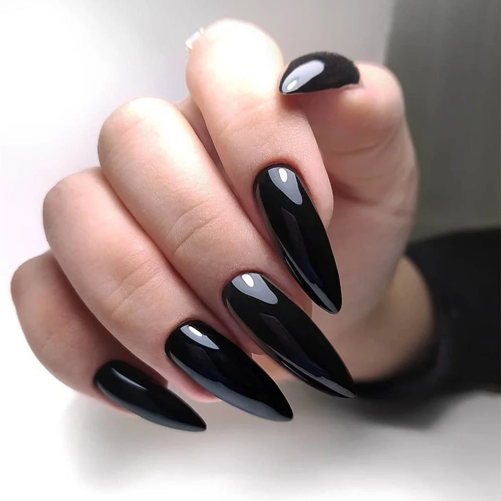 24Pcs Bright Black Artificial Stiletto False Nail Extra Long Salon Fake Nails For Design UV Gel Press On Manicure Tool