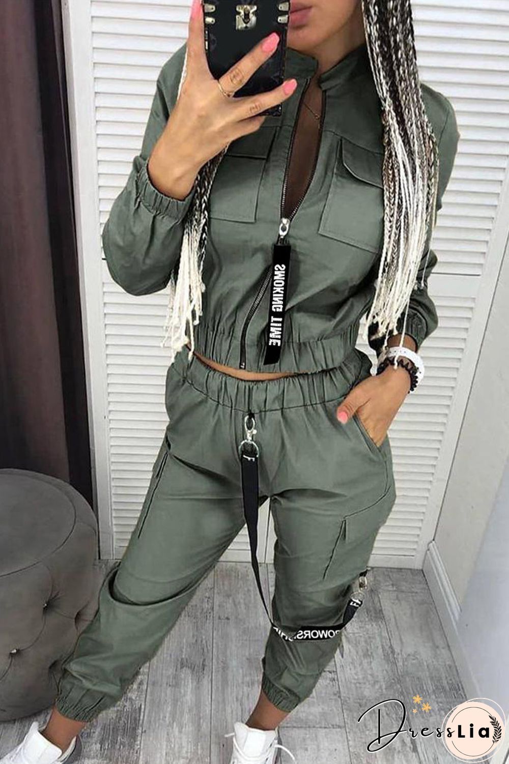 Casual Solid Zipper Mandarin Collar Three Quarter Two Pieces(3 Colors)