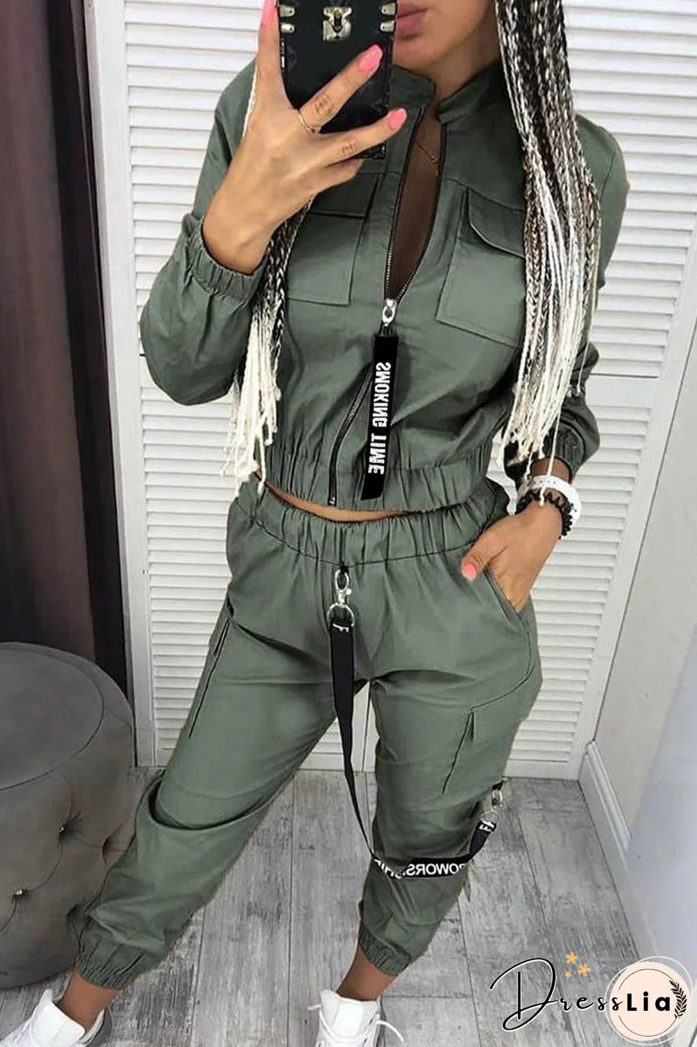 Casual Solid Zipper Mandarin Collar Three Quarter Two Pieces(3 Colors)