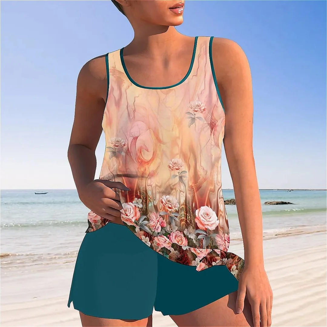Bowknot Floral,Orange Mid Waisted Tankini Set - Plus Size Available