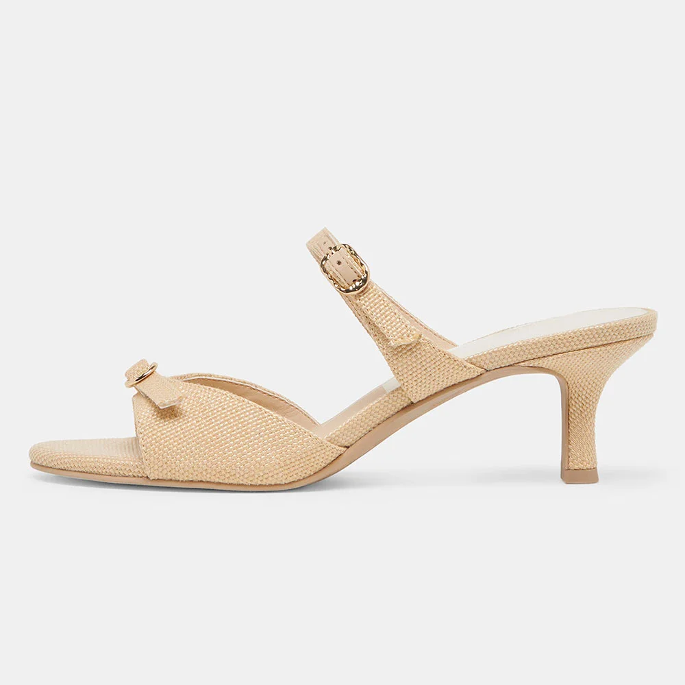 Beige Woven Raffia Open-Toe Buckle Kitten Heel Slide Sandals