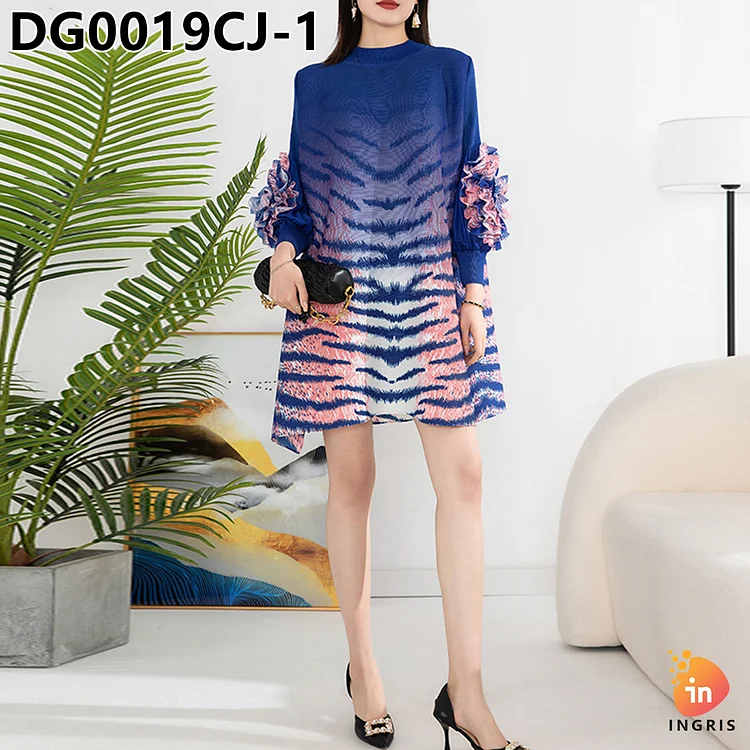 Women's Pleated Autumn Dress High Neck Loose Dress Women's Casual Long Dress New Style Round Neck Embroidery-DG00019CJ