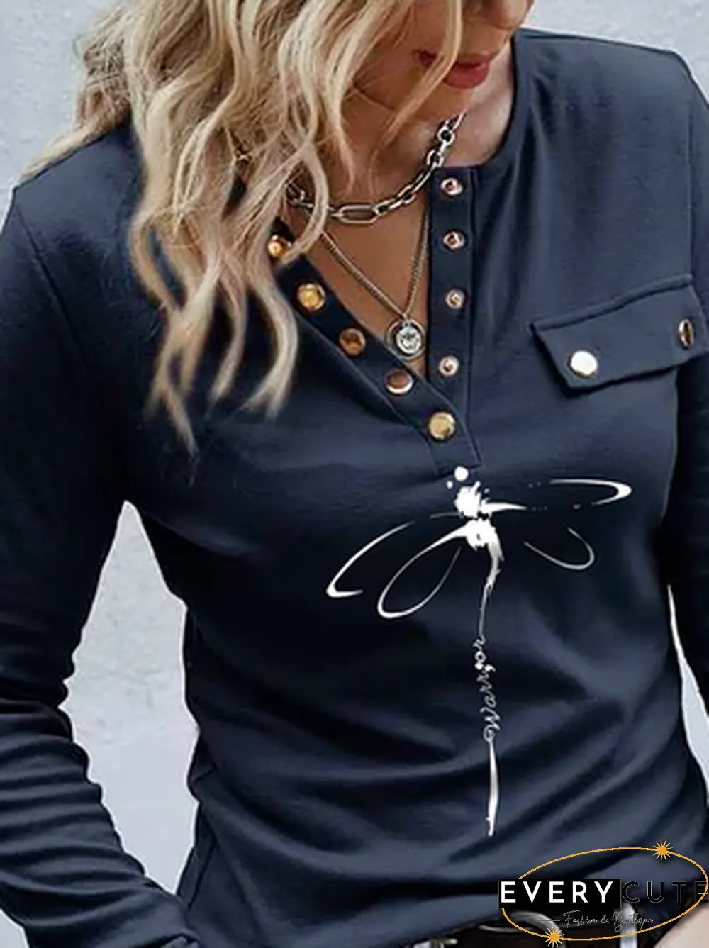 Long Sleeve Casual Dragonfly Printed T-Shirt