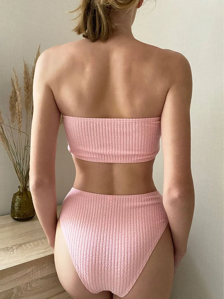 INGAGA Sexy Ribbed Bikini Bandeau Swimsuit 2022 New High Waist Swimwear Women Beachwear Solid Bathing Suits Women Biquinis Set