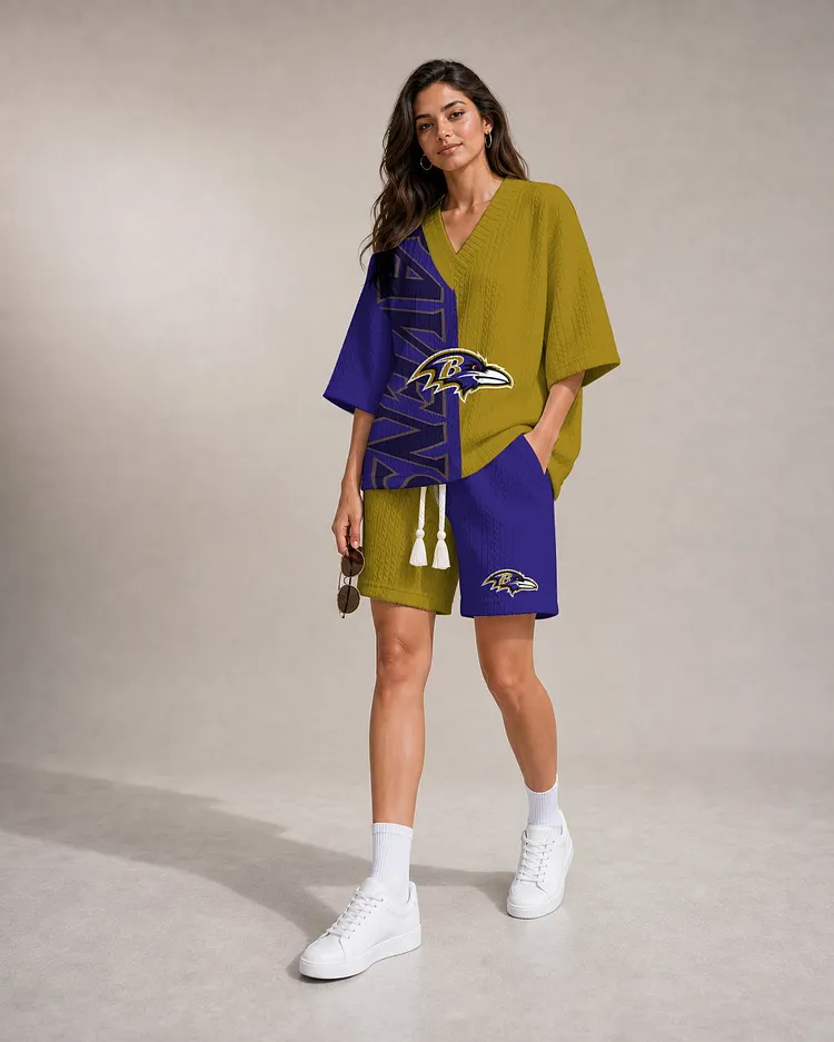 Baltimore Ravens Women&rsquo;s V-neck Jacquard Cable-Knit Tee & Shorts Set