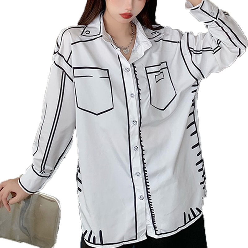 Large Size Loose Personality Printed White Shirt Blouse