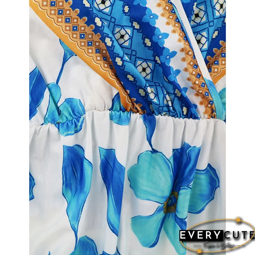 Light Blue Retro Bohemia Print V Neack Beach Dress