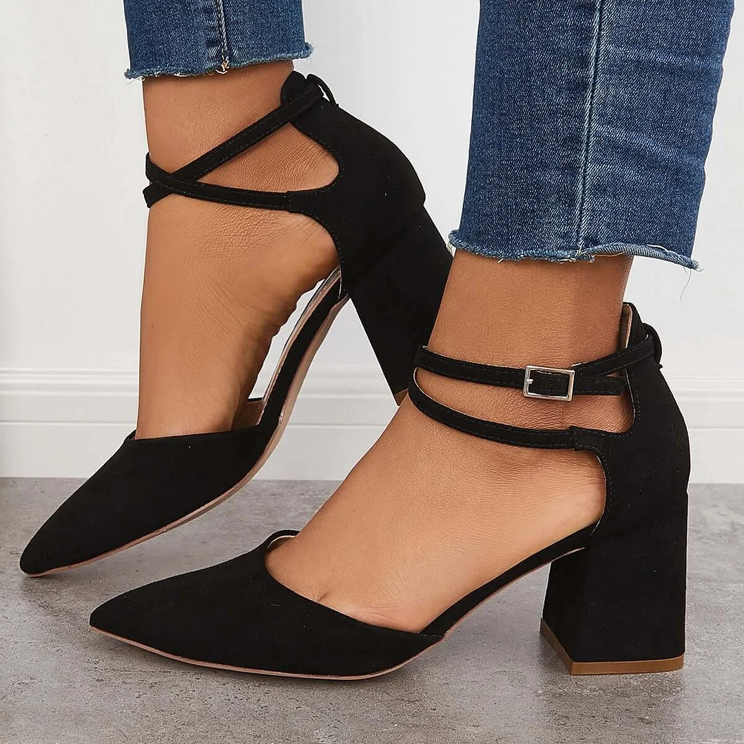 Bonnieshoes Chunky Block Low Heel Pumps Pointed Toe Ankle Strap Heels