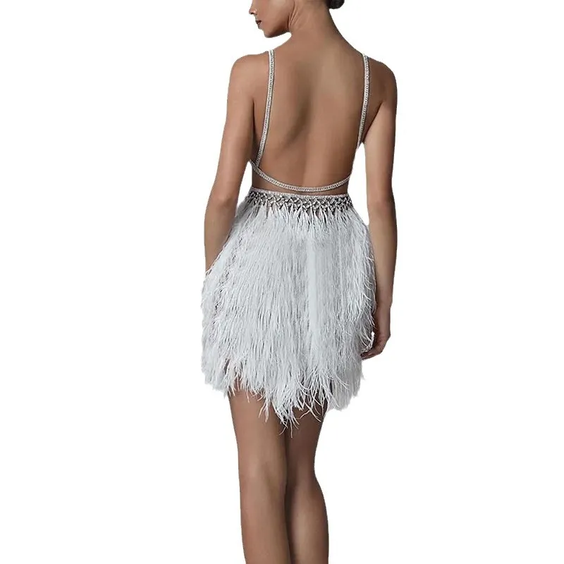 Uveng Uveng Autumn And Winter New Sling V Tie Feather Dress Sexy Women's Banquet Evening Dress