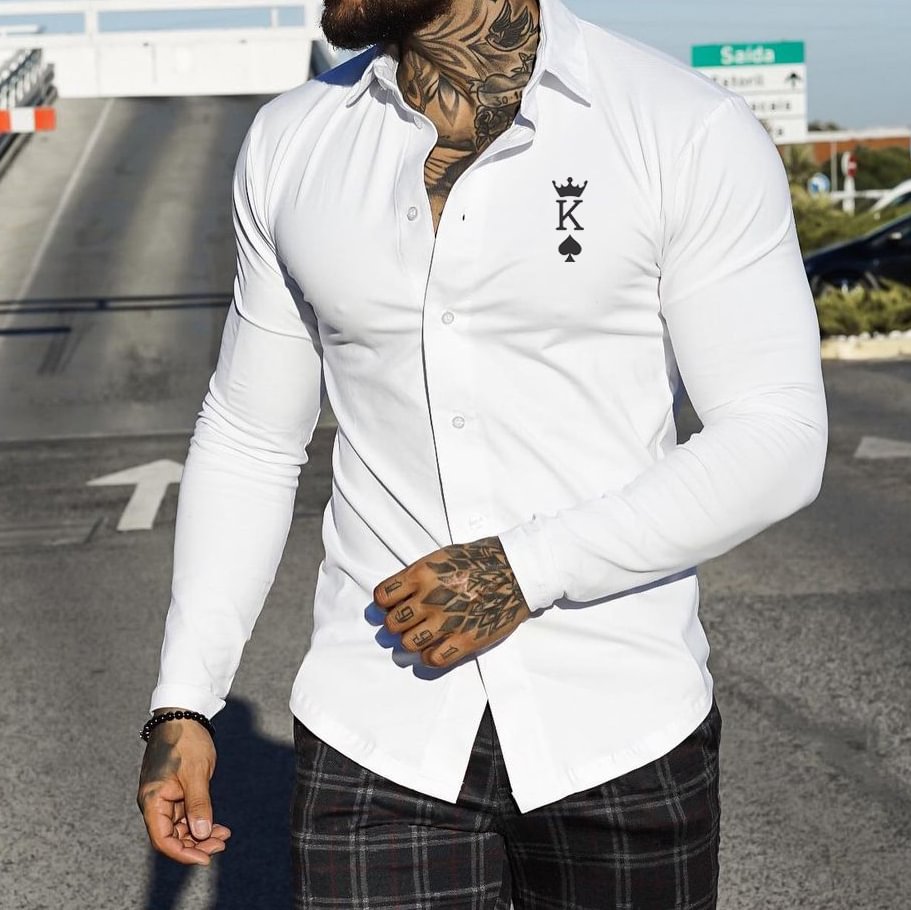 Men's Fashion Poker King Print Casual Shirt Slim Long-sleeved Cardigan、、URBENIE
