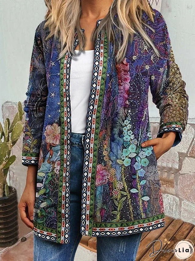 Women's Casual Jacket Daily Holiday Winter Regular Coat Regular Fit Casual Baroque Jacket Long Sleeve Floral Print Blue
