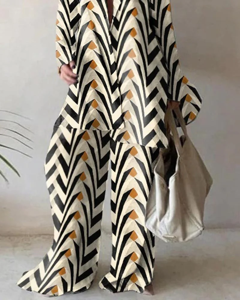 Printed Loose Long Sleeve Shirt + Straight Pants