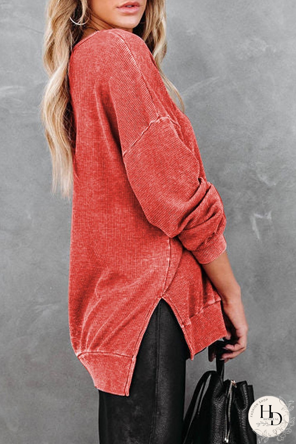 Washed Red Waffle Knit Side Slit Long Sleeve Top