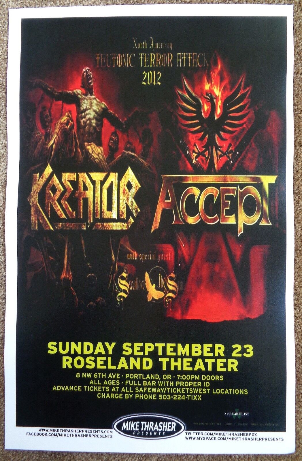 KREATOR & ACCEPT 2012 Gig POSTER Portland Oregon Concert