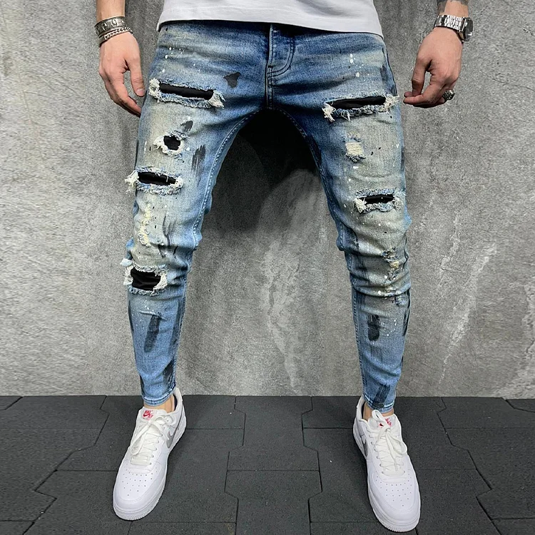 Men's Slim-Fit Paint-Ripped Skinny Jeans