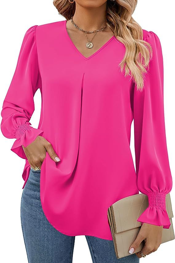 Vurtigorasn Women's New Solid Color Chiffon Shirt V-neck Pullover Flared Long Sleeved Top Shirt Office Lady Elegant Khaki Loose Blouses