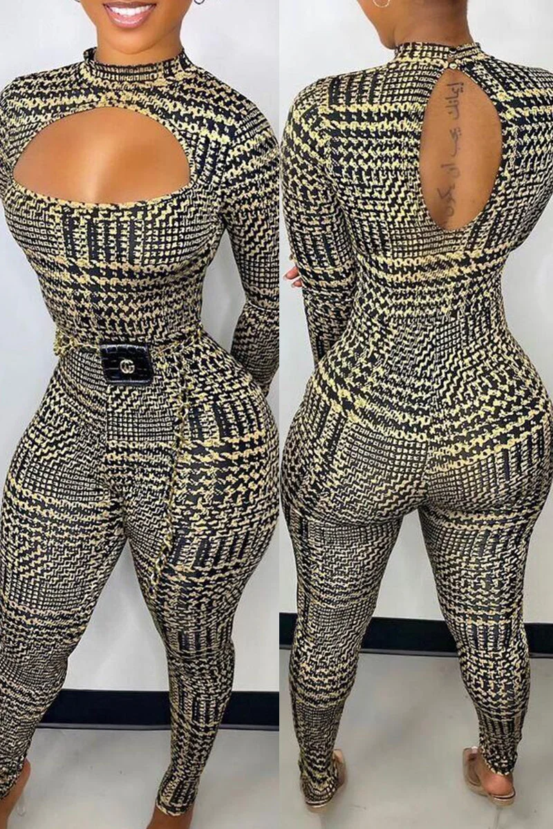 Fashion Casual Print Hollowed Out Split Joint Turtleneck Regular Jumpsuits