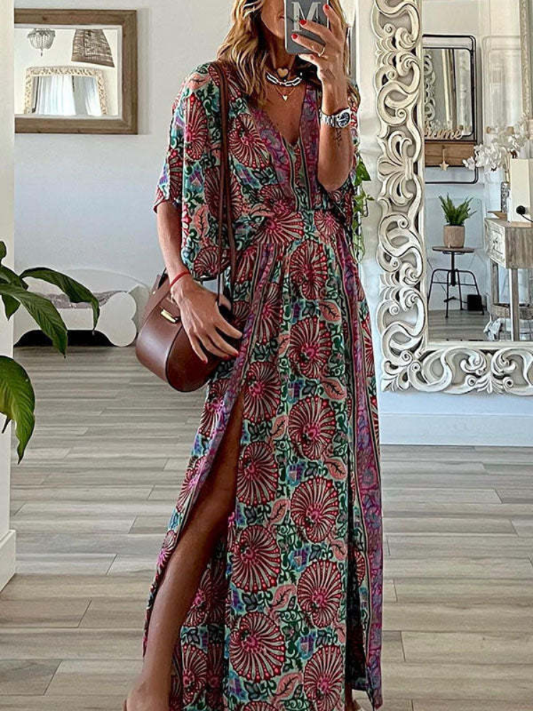 Bohemian Ways Batwing Sleeve Slit Maxi Dress