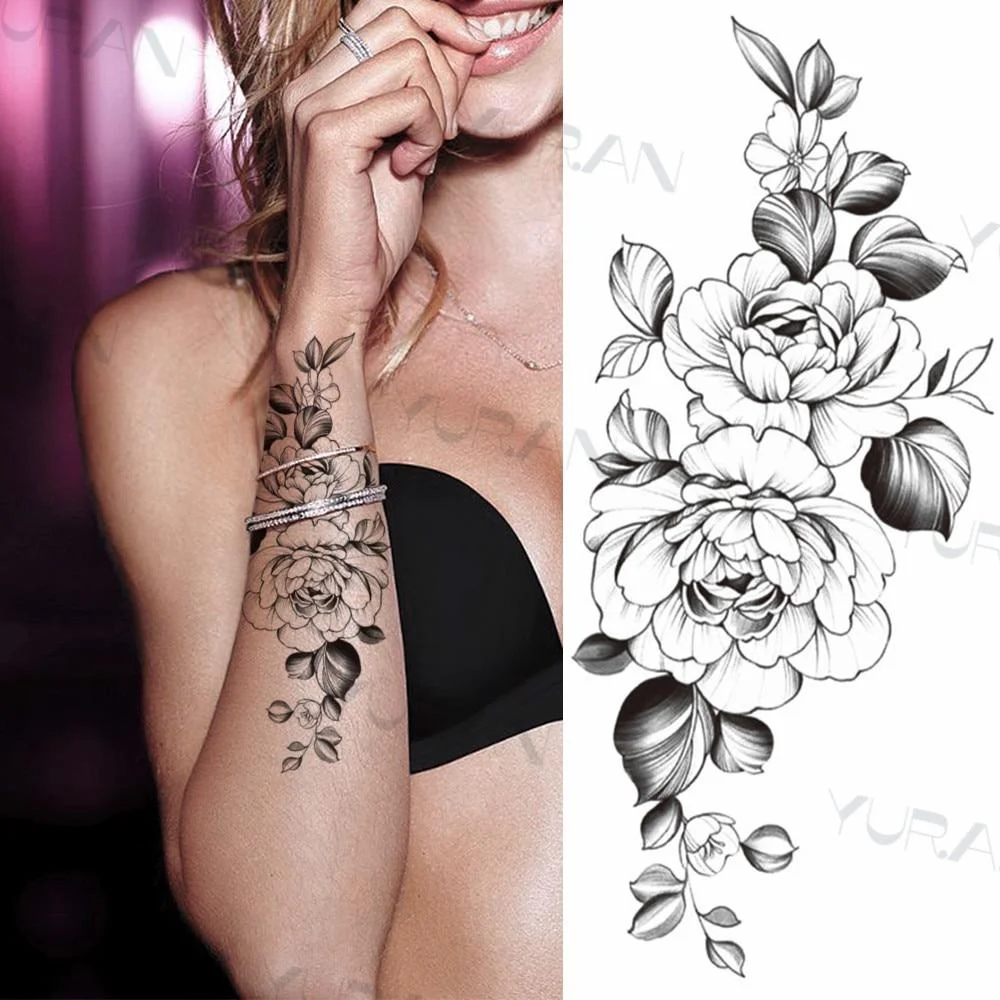 Black Large Snake Flower Fake Tattoo Sticker For Women Dot Rose Peony Temporary Tattoos DIY Water Transfer Tatoos Girls 1029