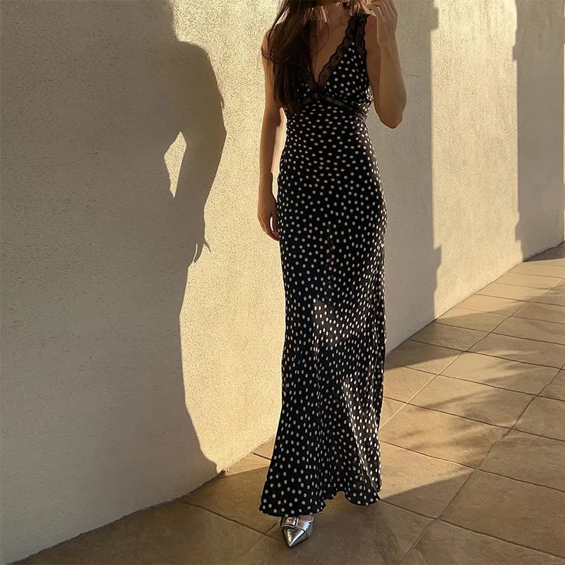 Uveng Uveng Summer New Sexy Temperament Lace Splice Wave Dot High Waist Slim Dress Dress