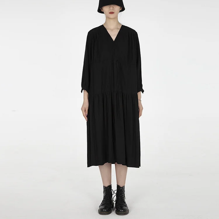Dawfashion Techwear Streetwear-Dark Collection's Original Design Sense Loose V-neck Drawstring Long Dress-Streetfashion-Darkwear-Techwear