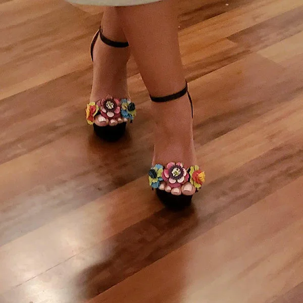 Colorful 3D Flowers Snake Embossed Ankle Strap Heels