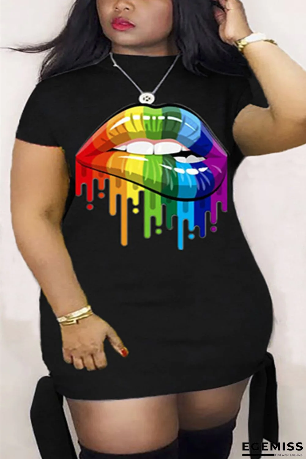 Black Fashion Sexy Printed Short Sleeve Plus Size Dress | EGEMISS