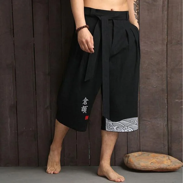 Japanese Fashion Men Loose  Linen Cropped Pants BE011