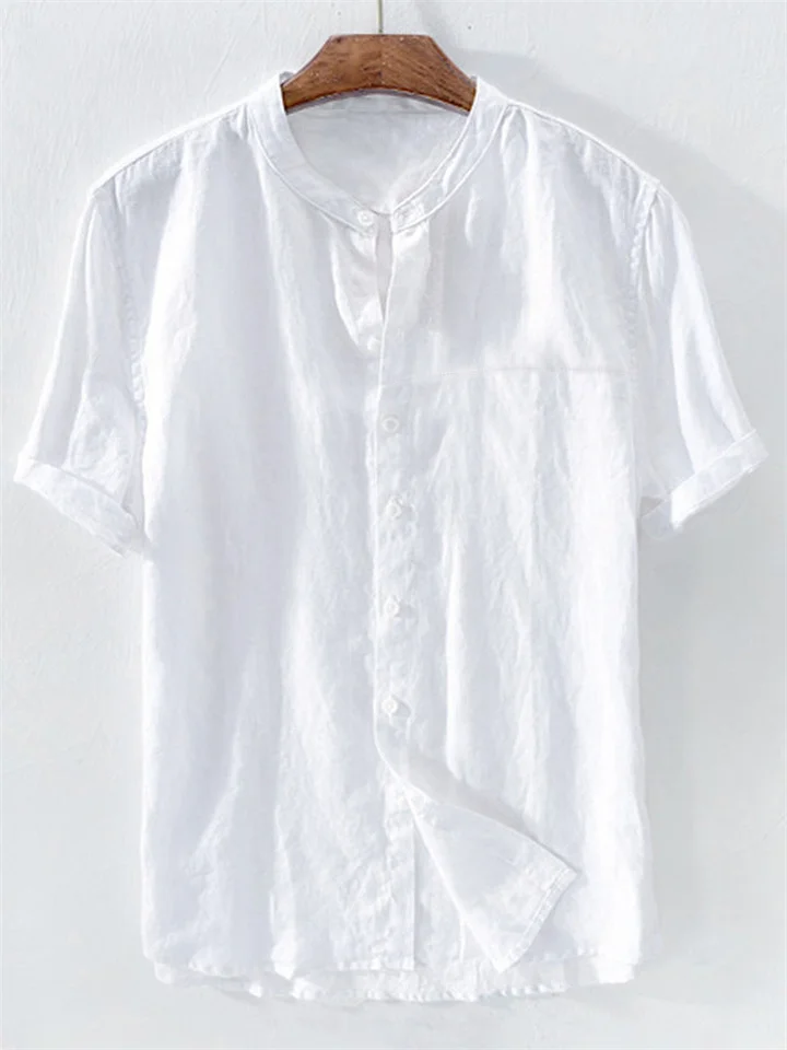 Men's Linen Shirt Summer Shirt Beach Shirt Apricot Black White Short Sleeve Plain Standing Collar Summer Spring Outdoor Daily Clothing Apparel Button-Down | 168DEAL