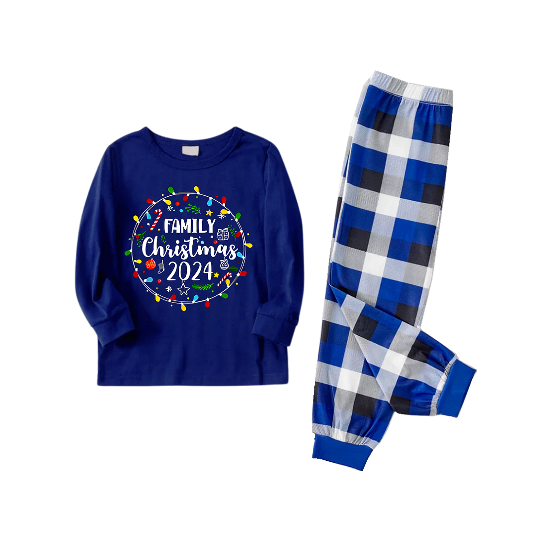 "Family Christmas 2024" Text and Christmas Light Printed Blue and White Plaid Family Matching Pajamas