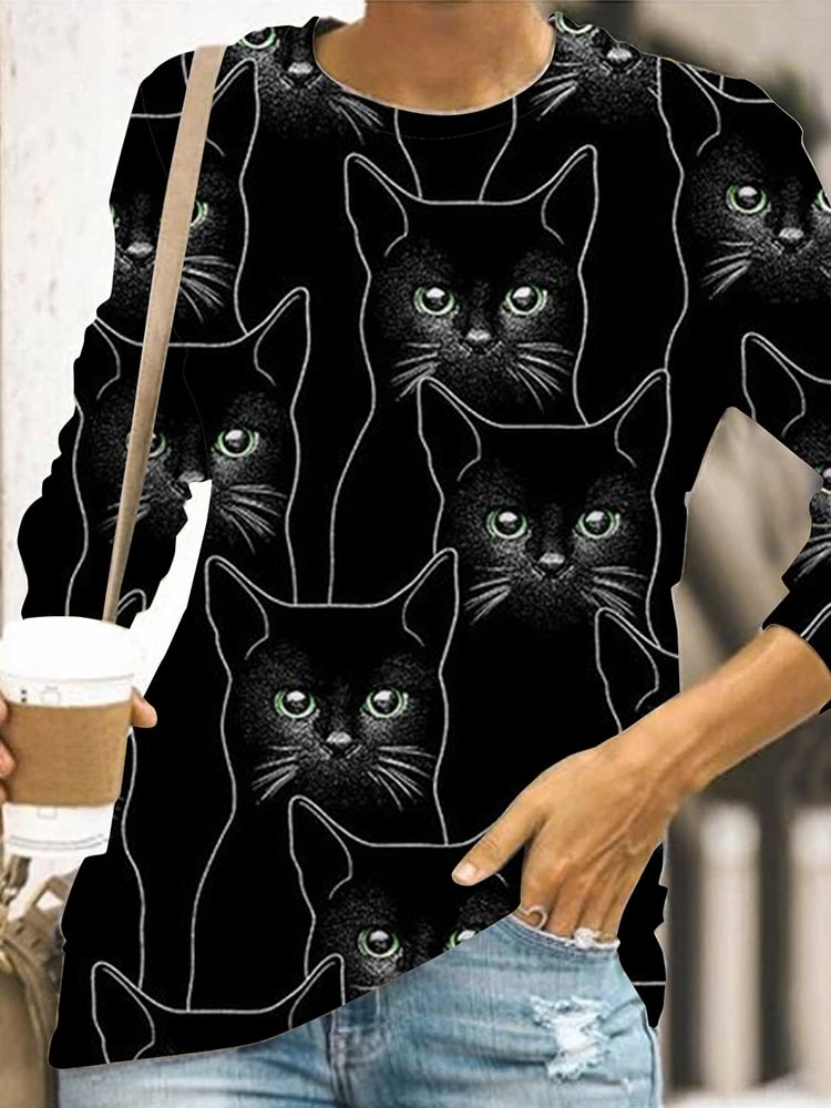 Black Cat Printed Casual Long-Sleeves